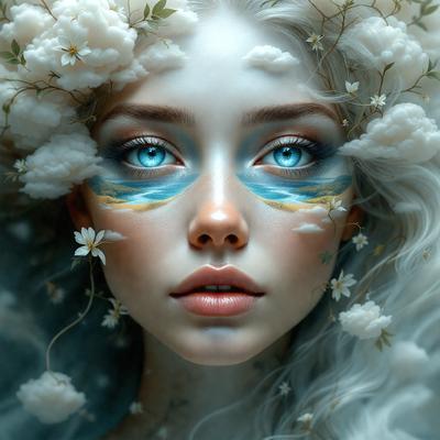 The primary subject of the image is a woman with white hair and blue eyes. She is wearing makeup, including blue and yellow eyeshadow, and has flowers painted on her face. The setting is a cloudy background, which adds to the overall atmosphere of the image. The visual style is a combination of digital art and illustration, creating a unique and artistic representation of the woman. The colors and mood of the image are predominantly white and blue, giving it a serene and peaceful appearance.